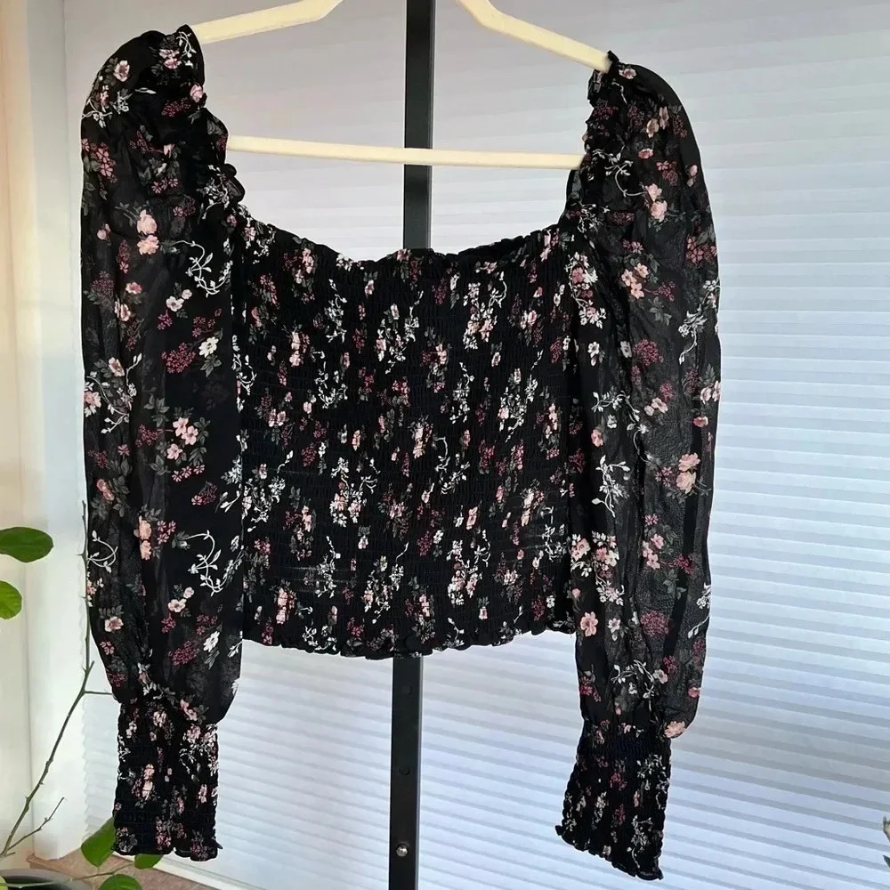 Reformation Pinto Floral Smocked Long Sleeve Blouse Black Small Contemporary